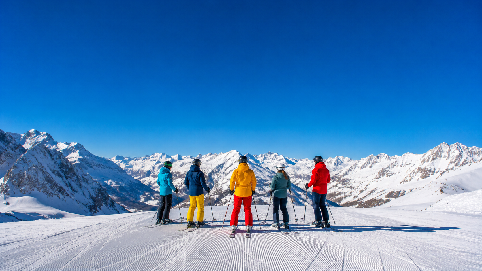 Skieurs sur piste ensoleillée dans les Alpes